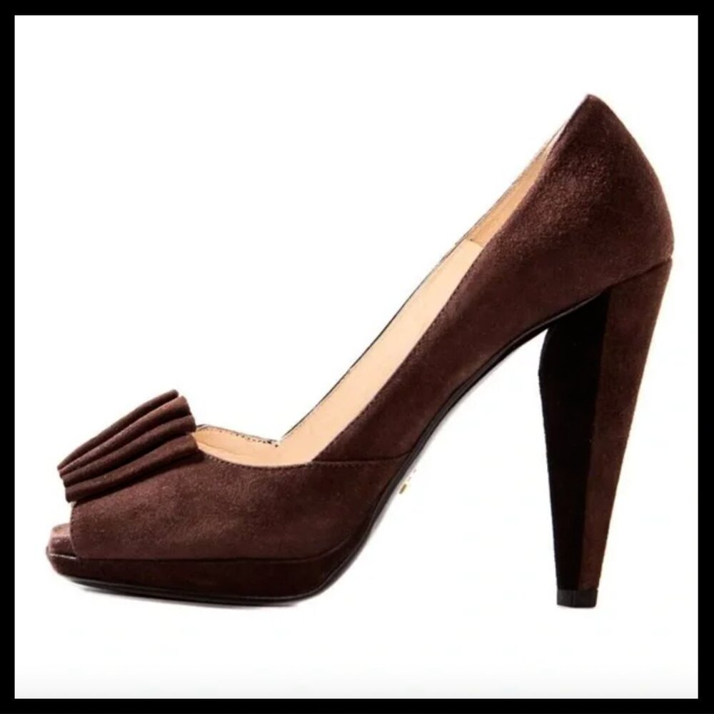 PRADA Suede Peep-Toe Petal Pumps - Picture 2 of 12